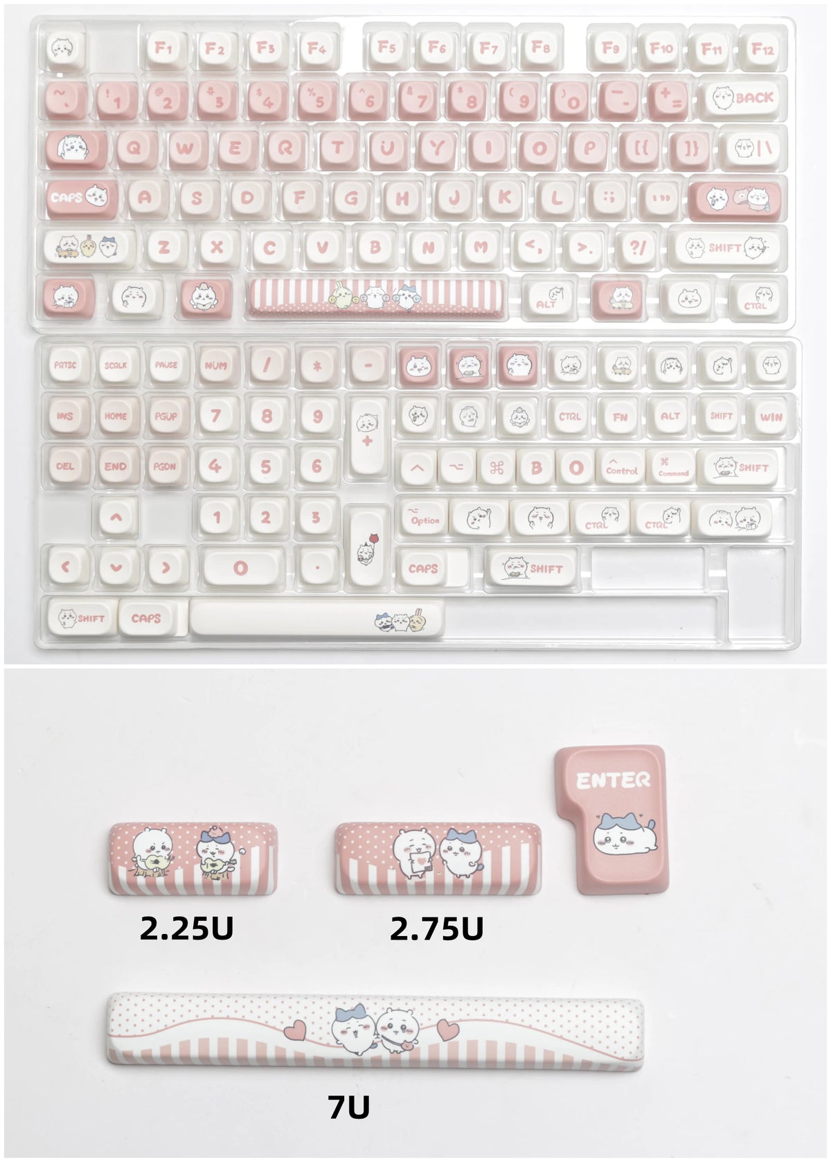 A collection of dye-sublimated PBT keycaps in various sizes and designs for mechanical keyboards.