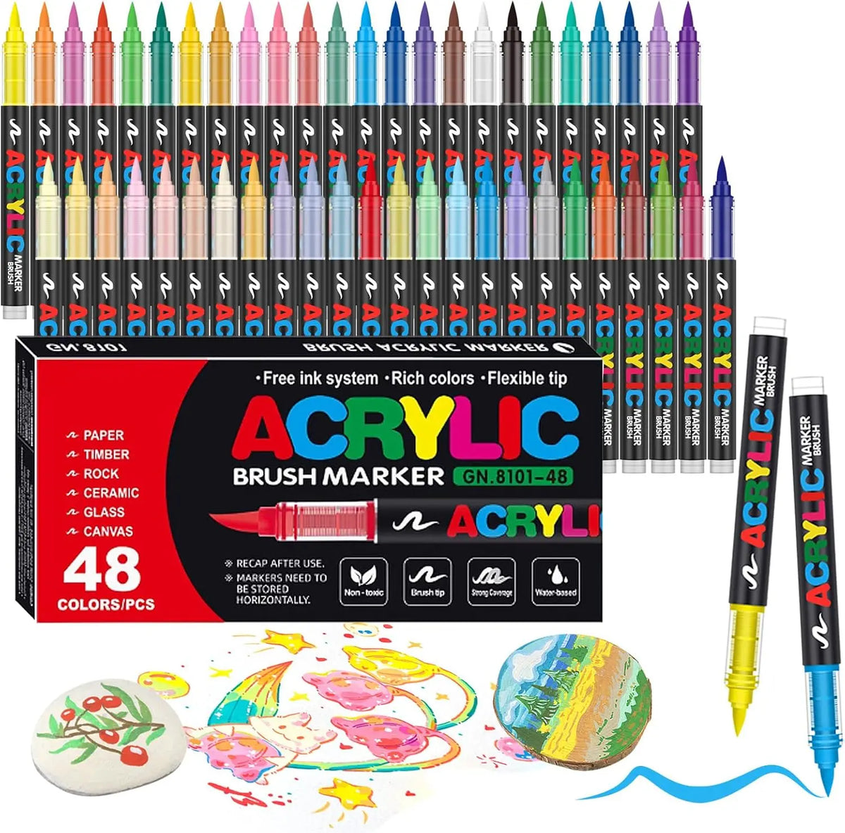 A collection of 48 acrylic brush markers in various colors and tips displayed in a box with paint spills.
