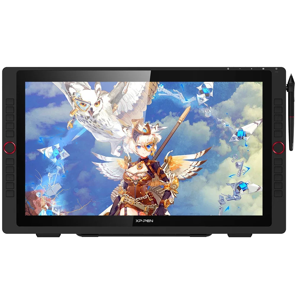 A digital drawing tablet featuring an anti-glare matte screen protector with a fantasy character illustration.
