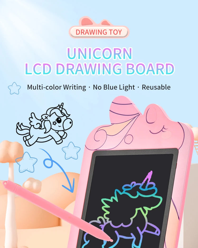 A pink unicorn LCD drawing board showing a colorful unicorn drawing on the screen with a pink pencil nearby.