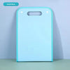 A light blue portable accordion document organizer with a rounded top and a handle.