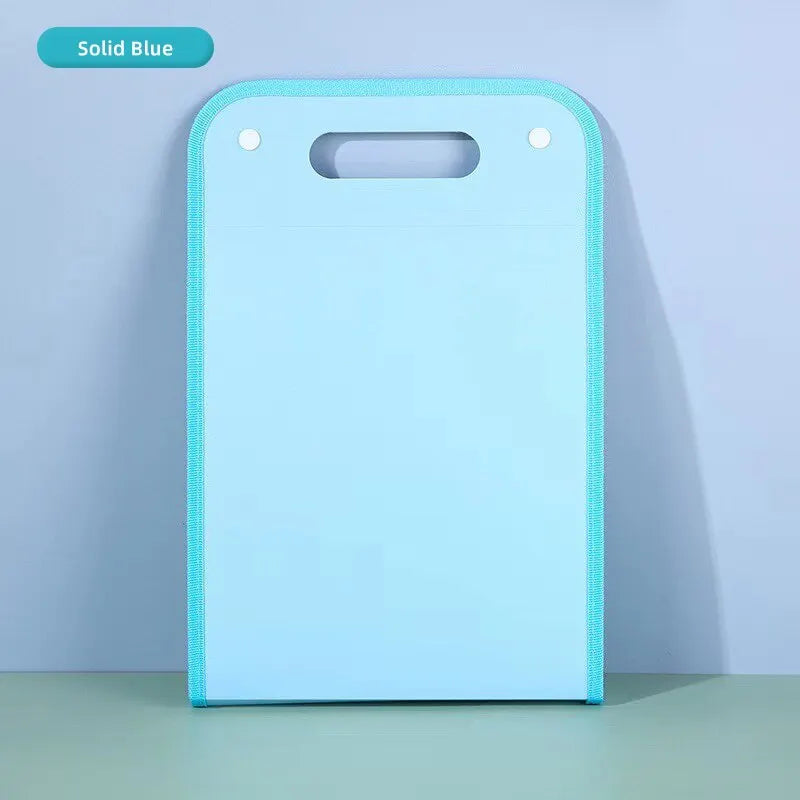 A light blue portable accordion document organizer with a rounded top and a handle.