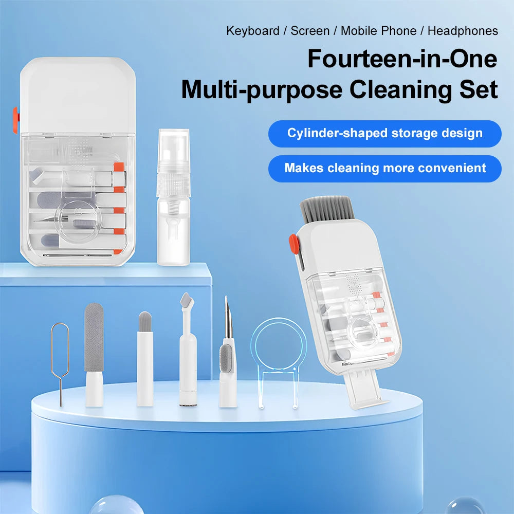 A fourteen-in-one multi-purpose cleaning set featuring various tools for electronic and surface cleaning displayed on a blue 