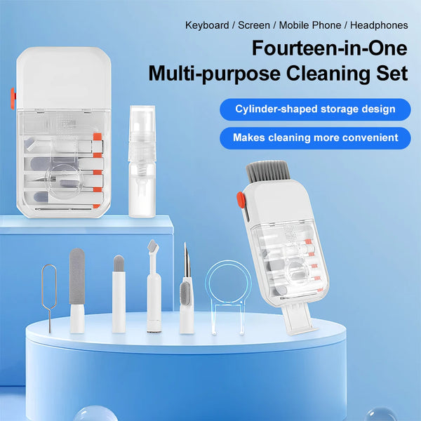Kit de nettoyage multifonction de quatorze pièces pour appareils électroniques et surfaces, présenté sur fond bleu