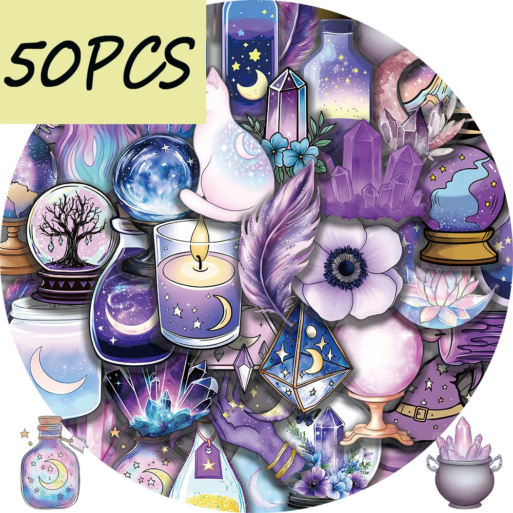 A collection of 50 pieces of purple magic witch stickers and decorative items featuring celestial themes and mystical element