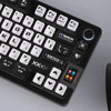 A close-up view of a black mechanical keyboard keycap set with white lettering and transparent pudding style keycaps.