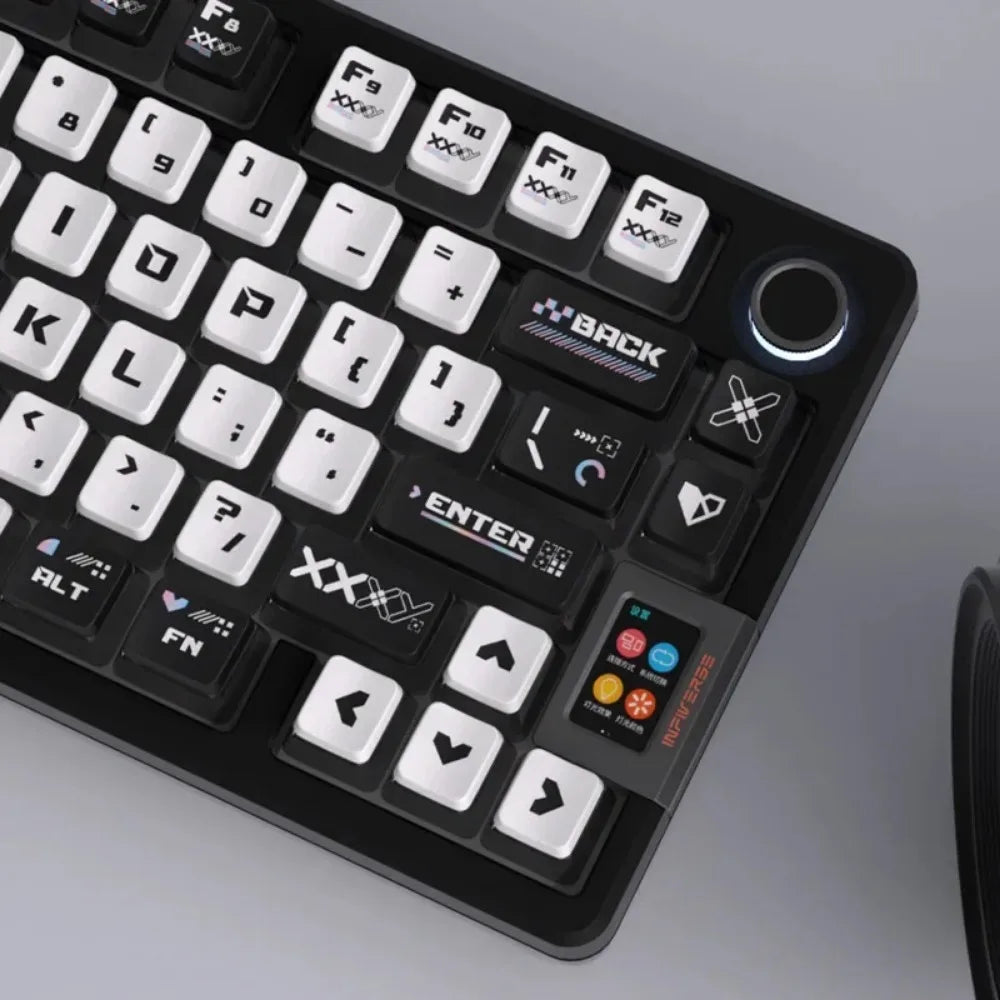 A close-up view of a black mechanical keyboard keycap set with white lettering and transparent pudding style keycaps.