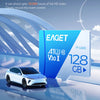 بطاقة TF زرقاء تحمل وسم EAGET V30 I بجانب سيارة بيضاء، توضح قدرات تسجيل طويلة الأمد.