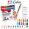 A set of 12 colored nail art markers with fine tips displayed next to the packaging and various colors.