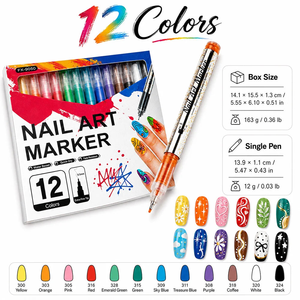 A set of 12 colored nail art markers with fine tips displayed next to the packaging and various colors.