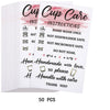 A set of pink and white instruction cards detailing care for cups, including hand wash only and warnings against dishwasher o