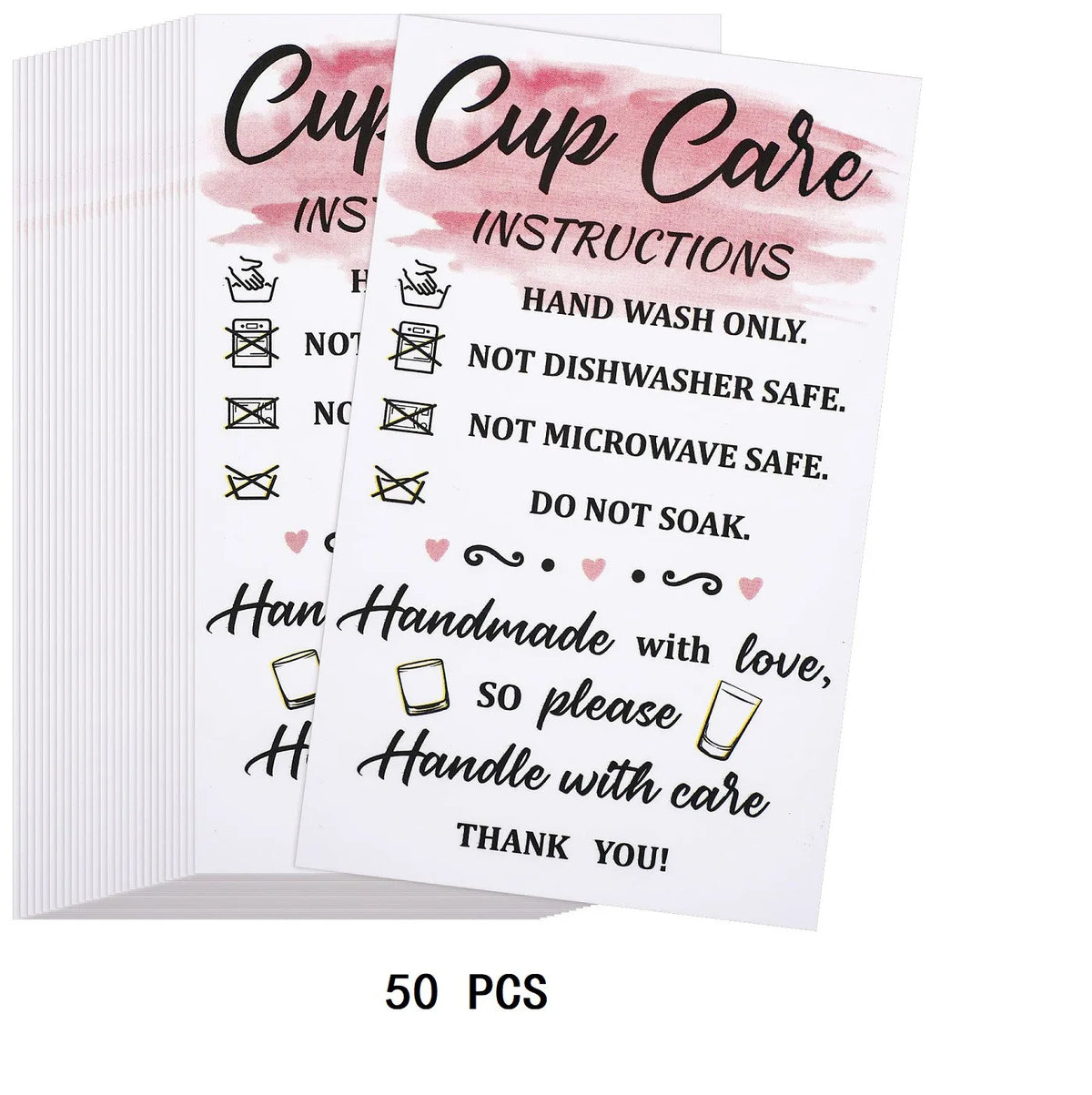A set of pink and white instruction cards detailing care for cups, including hand wash only and warnings against dishwasher o