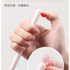 A hand is holding a white pen with a red gel tip, demonstrating the smooth feel and quick drying feature.