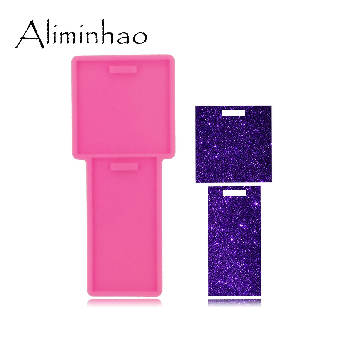 A pink silicone resin mold and a purple glitter resin mold side by side.