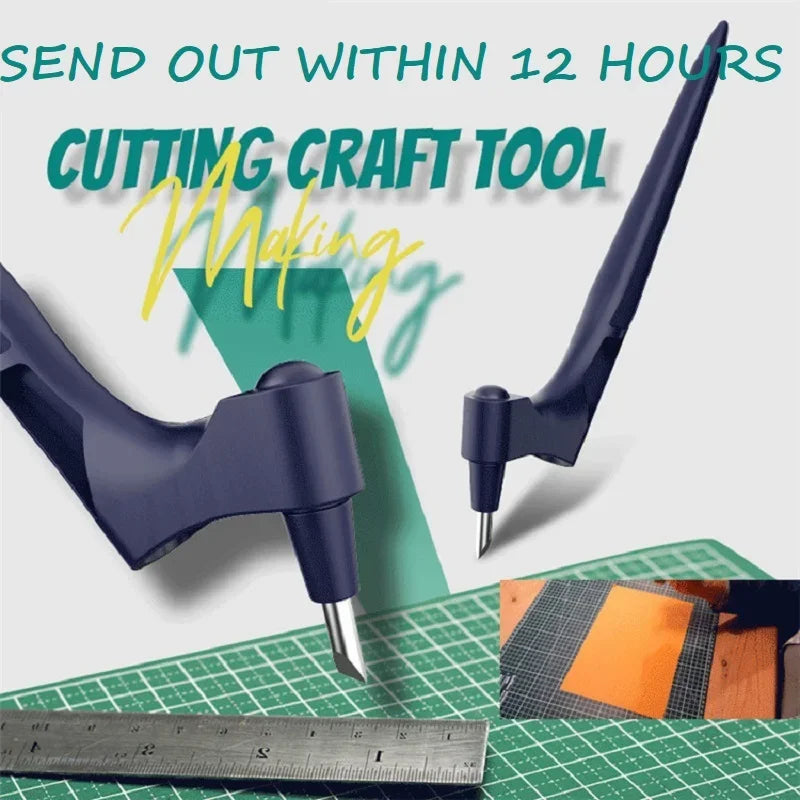 A dark purple cutting craft tool is shown next to a ruler on a green cutting mat.