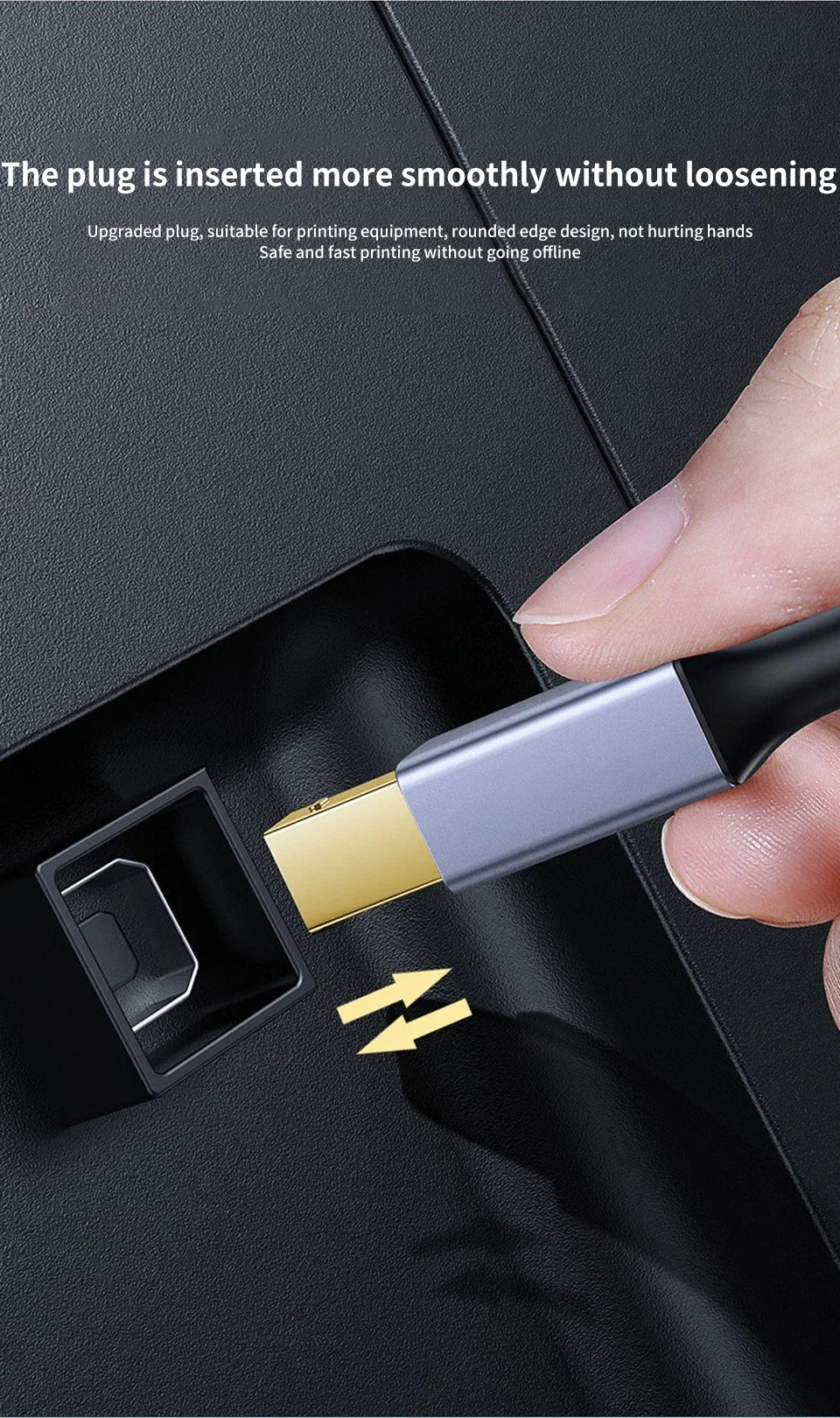 A hand inserts an upgraded USB-C to USB-B printer cable into a printer port.