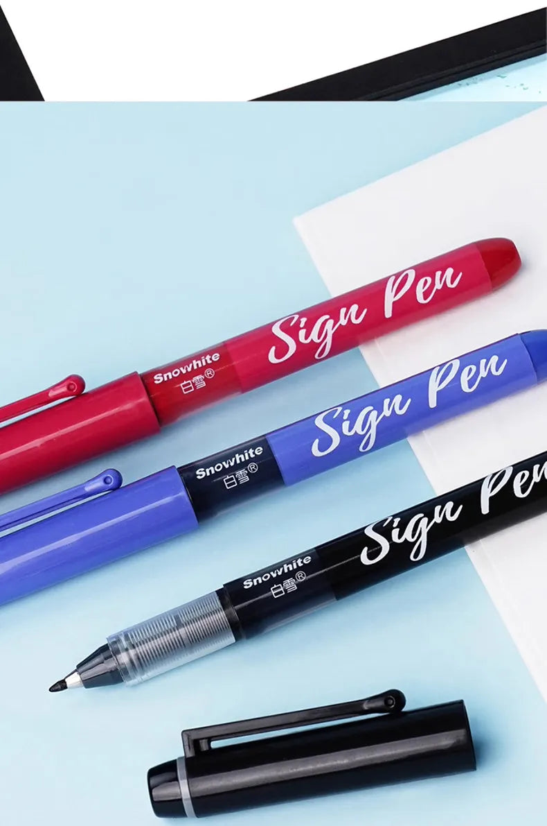 Three signature pens in red, blue, and black are displayed on a light blue background.