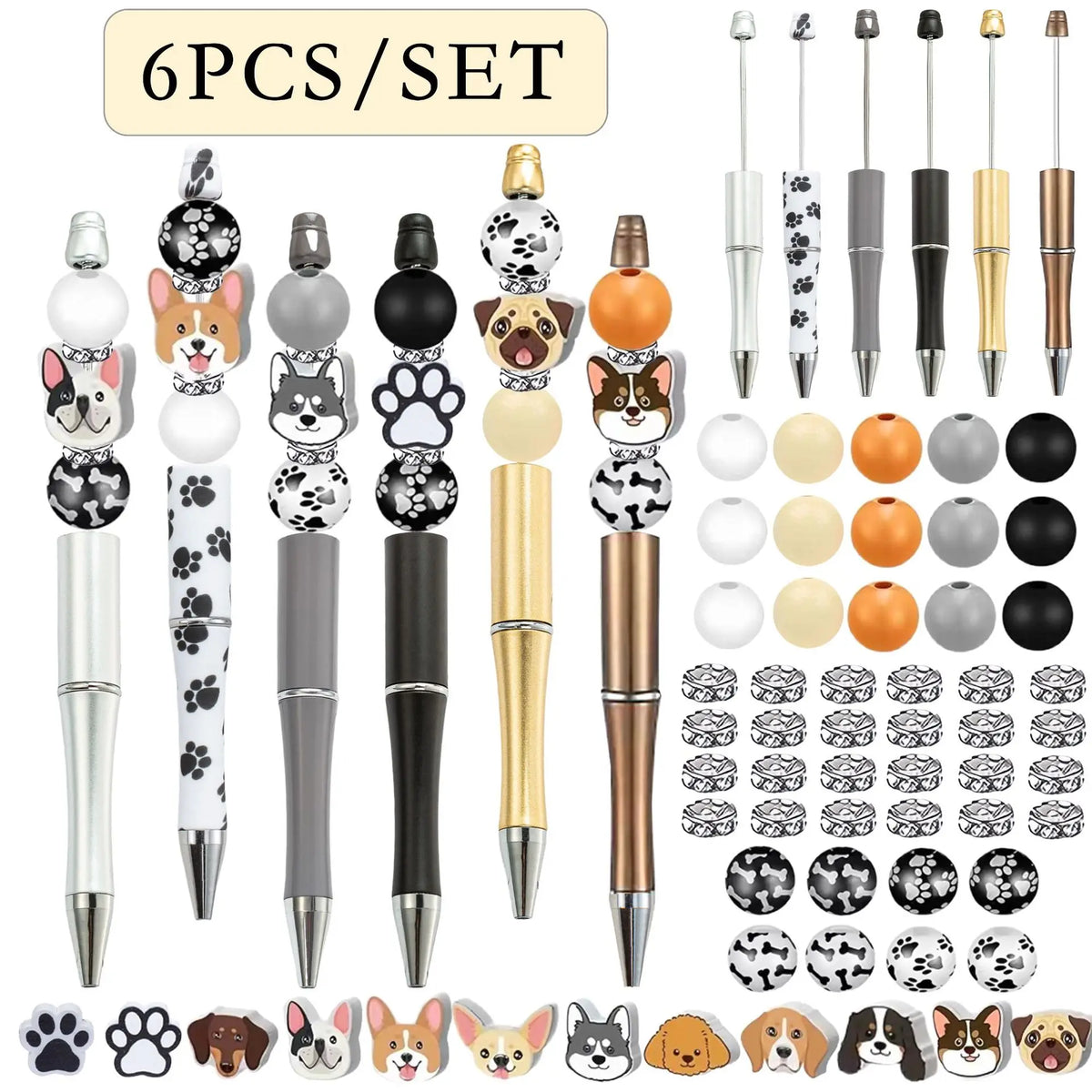A set of six rotating gradient acrylic beaded pens with various colors and designs.