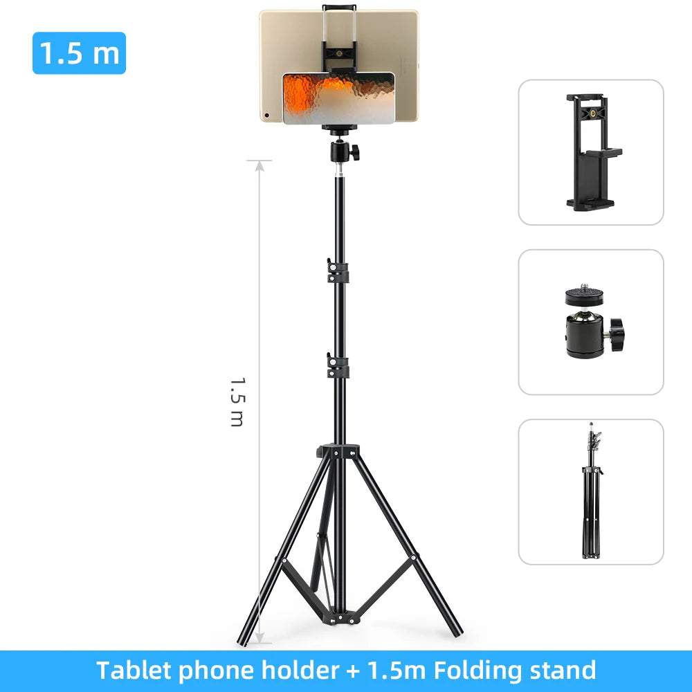 A black folding stand with a tablet phone holder and 1.5 meter height adjustment.