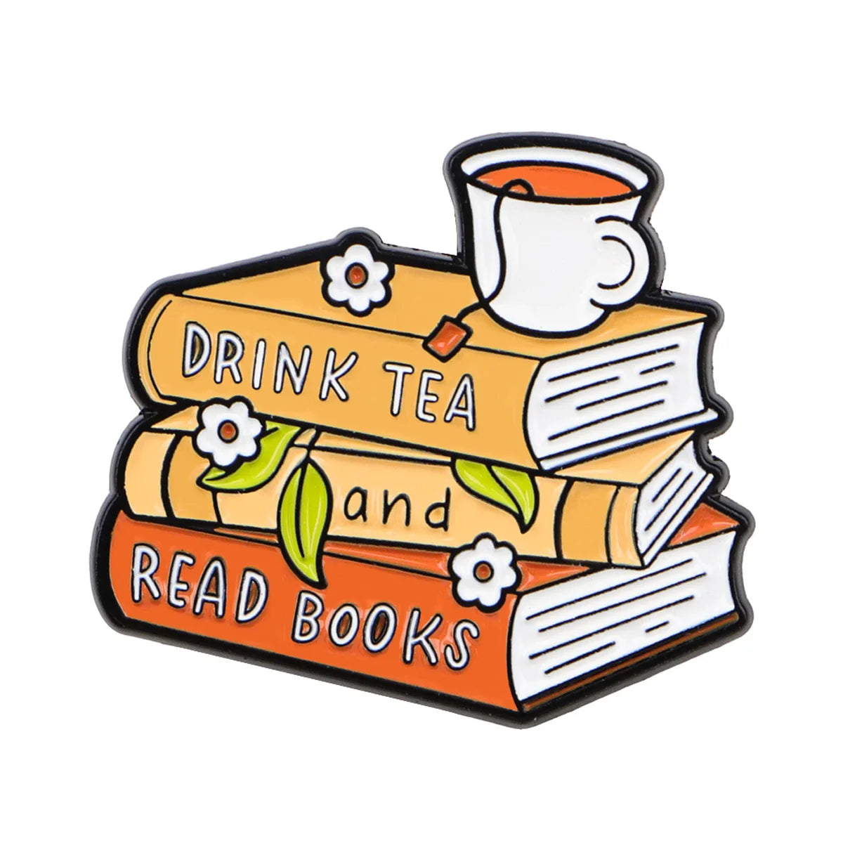 An enamel lapel pin depicting a stack of books with a teacup on top.