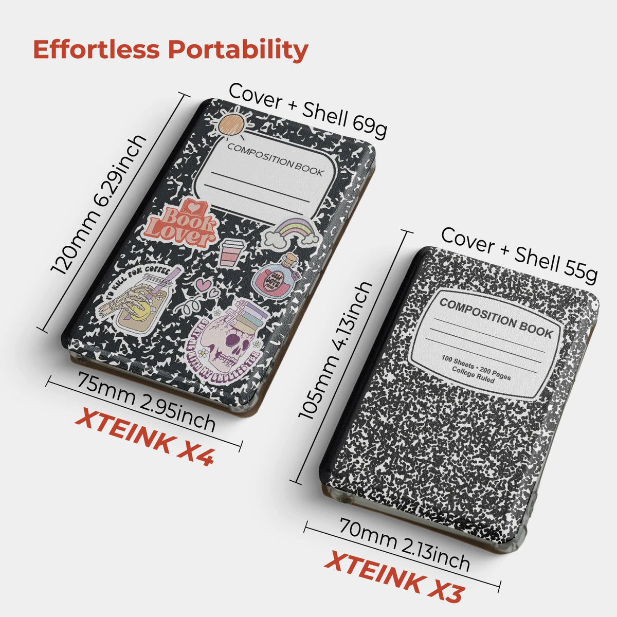 Comparaison des carnets de composition XTEINK X4 et X3 avec leurs couvertures et boîtiers.