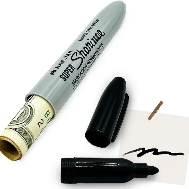 A silver marker pen with a hidden compartment for marking valuables is shown next to a blank pen.