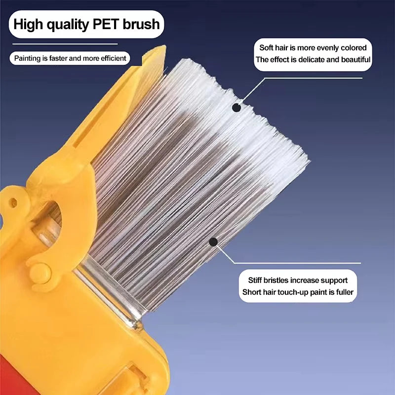 A close-up view of a yellow paint brush with metal bristles, showing various features for painting and touch-ups.