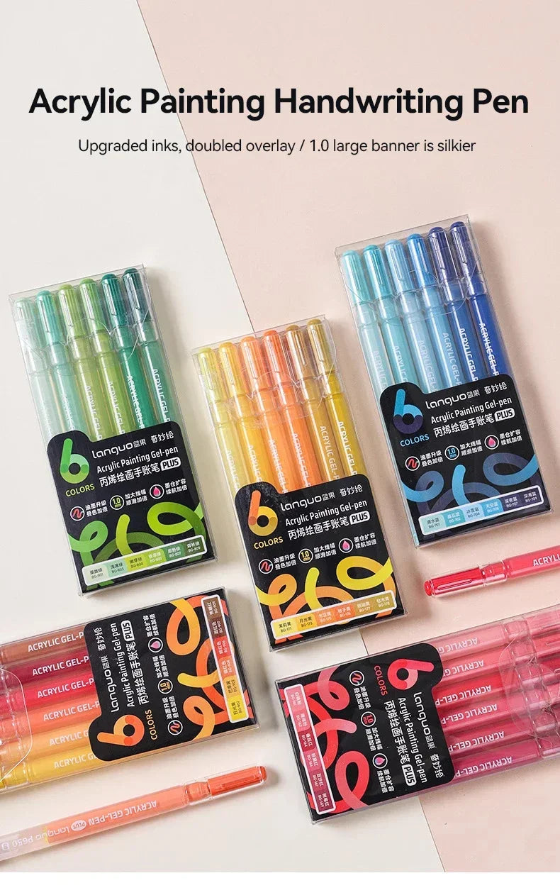 A collection of acrylic painting handwriting pens in various colors and packaging.