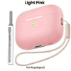 Light pink Liquid Silicone case for AirPods Pro 2 with a cleaning pen and lanyard.