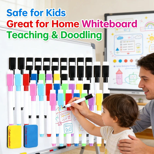 A child is using a set of 8-color dry erase markers on a whiteboard for teaching and doodling.