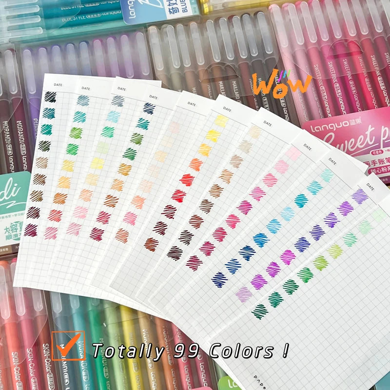 A collection of 9-piece Morandi Retro gel pens in various colors displayed on white sheets.