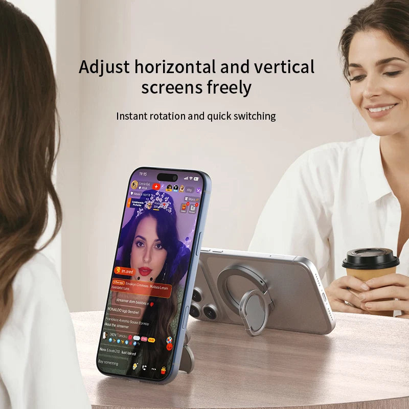 A close-up of a smartphone mounted on a magnetic phone stand, demonstrating easy rotation and switching.