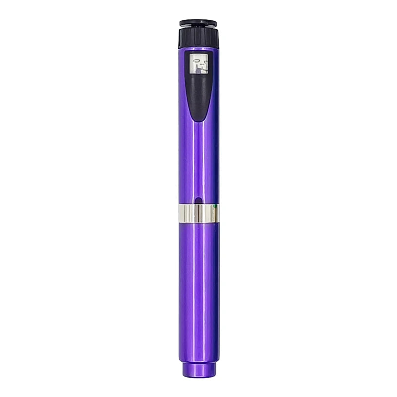 A reusable injection pen with a purple body and silver collar, featuring a digital display.