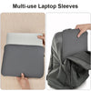 A gray multi-use laptop sleeve is shown protecting a white laptop on a wooden surface.