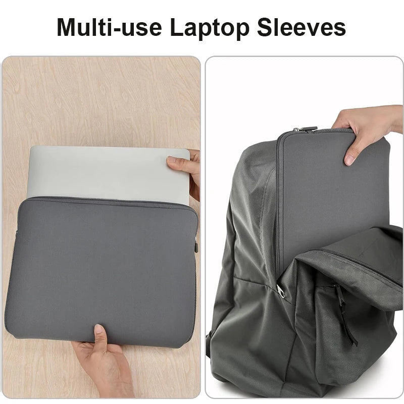 A gray multi-use laptop sleeve is shown protecting a white laptop on a wooden surface.