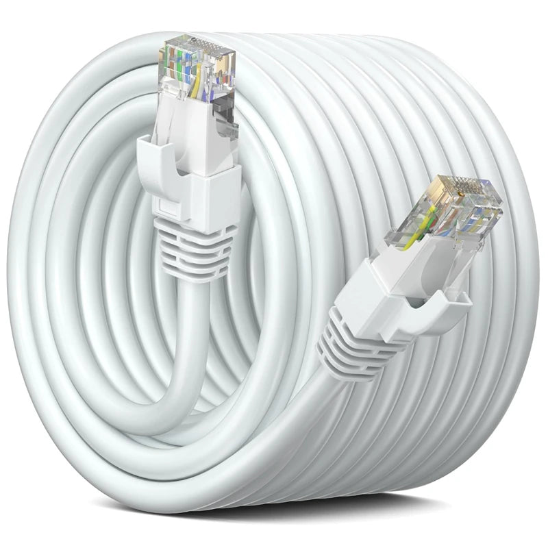 A white, coiled High-Speed Cat 6 Ethernet Network Cable with connectors visible.