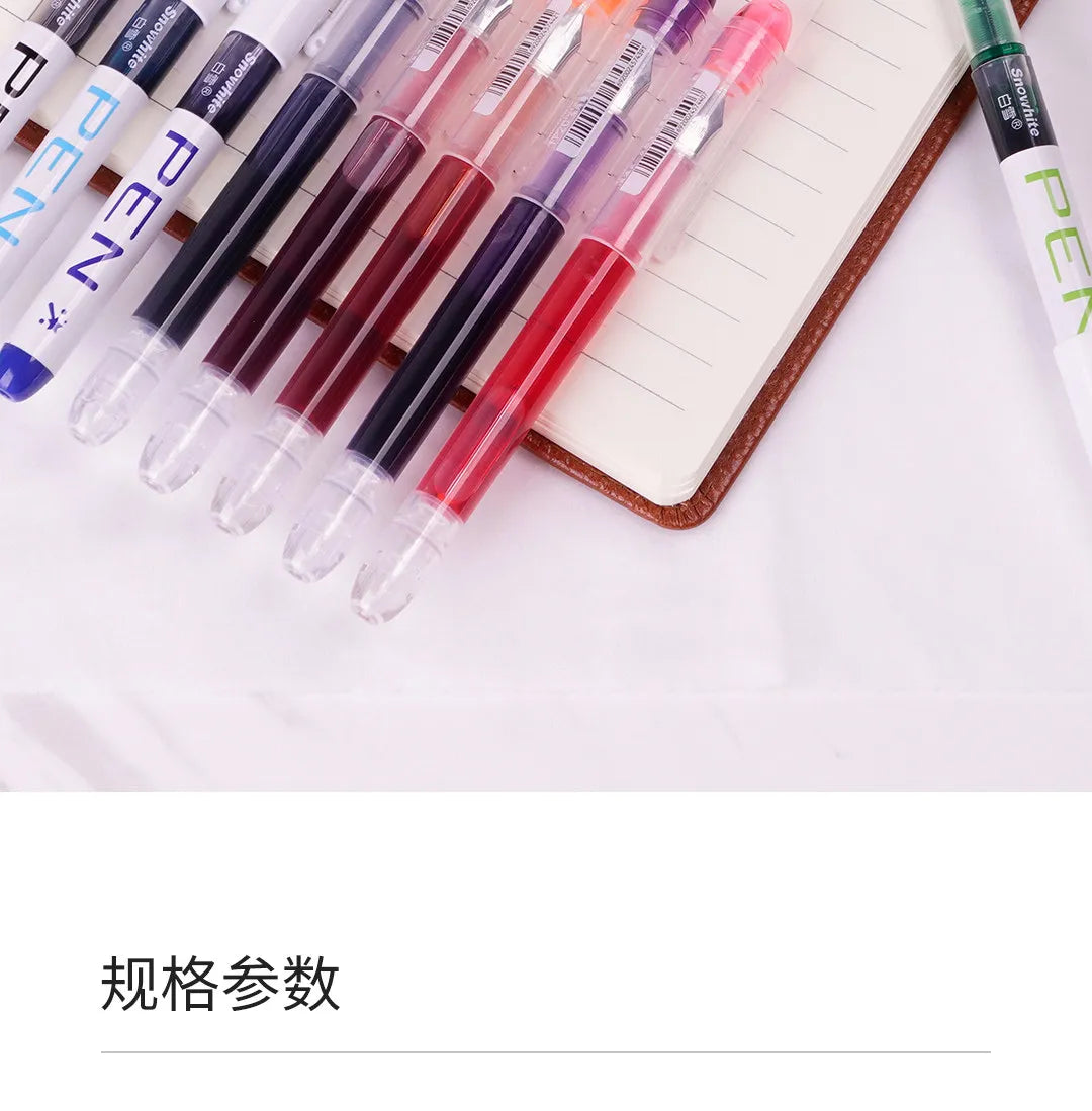 An assortment of eight fine point fountain pens in various colors, including blue, red, and purple, resting on a lined notebo