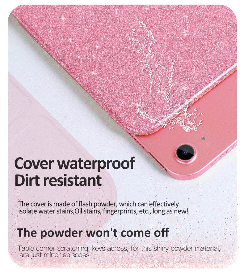 A pink glittery protective cover is shown placed on a pink smartphone, demonstrating its waterproof and dirt-resistant proper