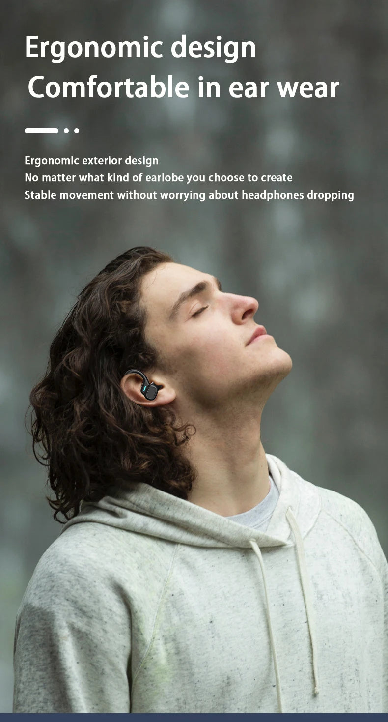 A man wearing a gray hoodie is shown in profile, looking up, with an ear hook product visible on his ear.