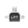 A white card reader device with a black body and a silver connector for reading SD or TF cards.