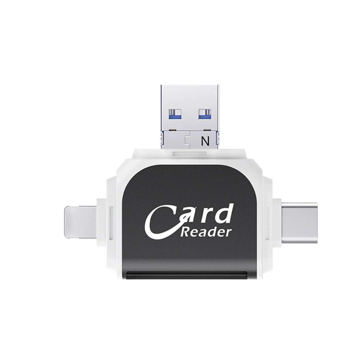 A white card reader device with a black body and a silver connector for reading SD or TF cards.