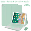 A light green Bluetooth keyboard case for an iPad, shown with a touch keyboard and mouse.