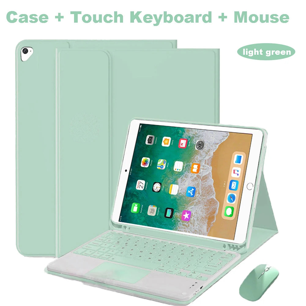 A light green Bluetooth keyboard case for an iPad, shown with a touch keyboard and mouse.