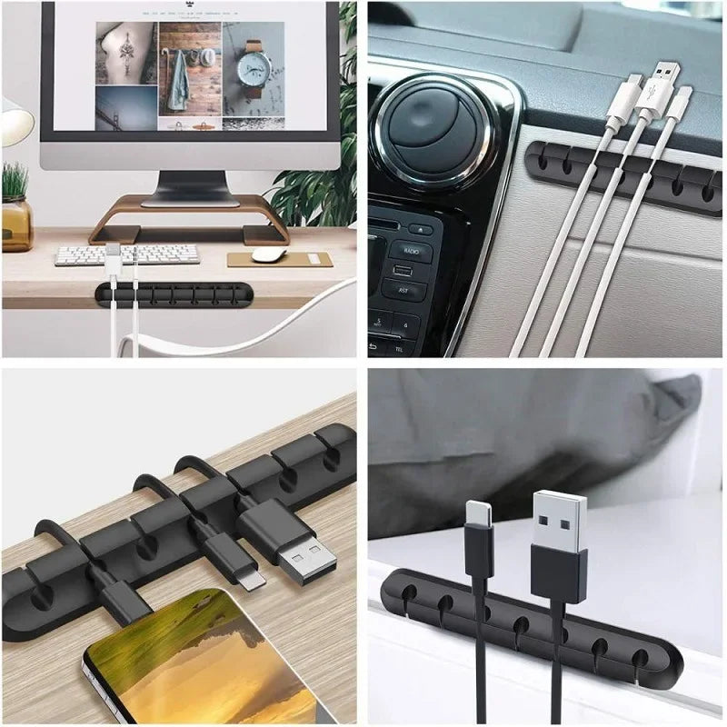 A silicone cable organizer set with multiple cords and a power adapter is shown on a desk and a white surface.
