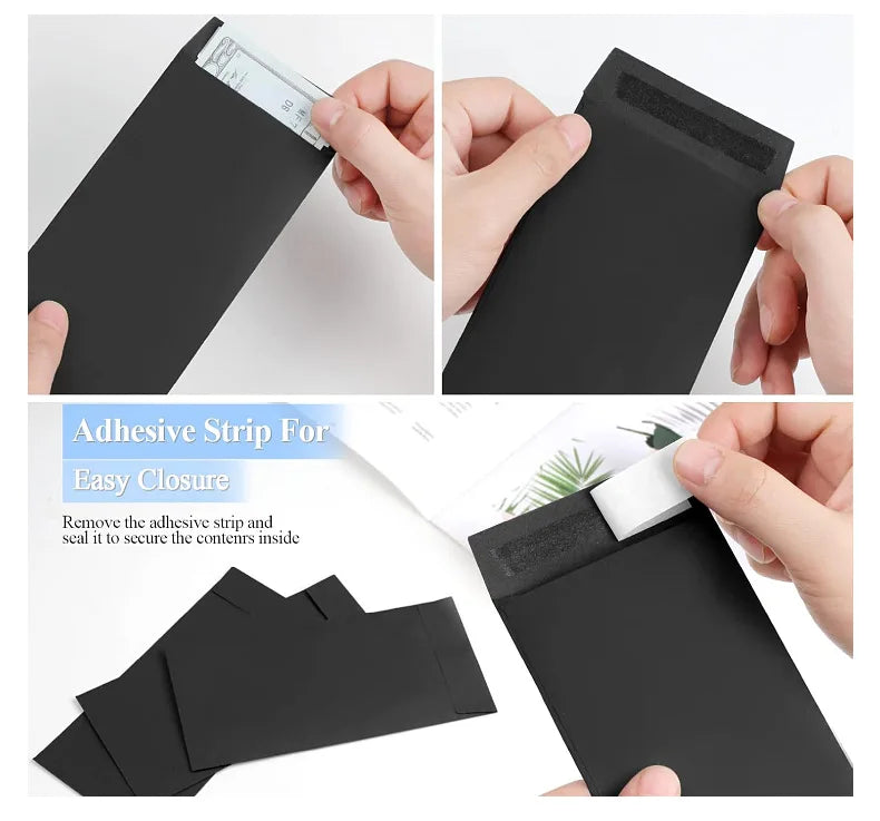 A set of black adhesive strip envelopes for easy closure and sealing documents.