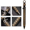 A brass bolt-action ballpoint pen with a leather-look grip and gold accents shown in various angles.