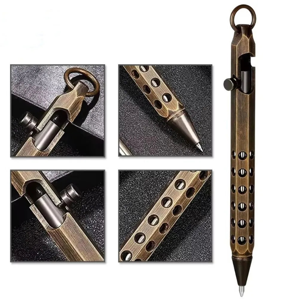 A brass bolt-action ballpoint pen with a leather-look grip and gold accents shown in various angles.
