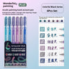 A set of six colorful black acrylic painting gel pens packaged in a box with various color options.