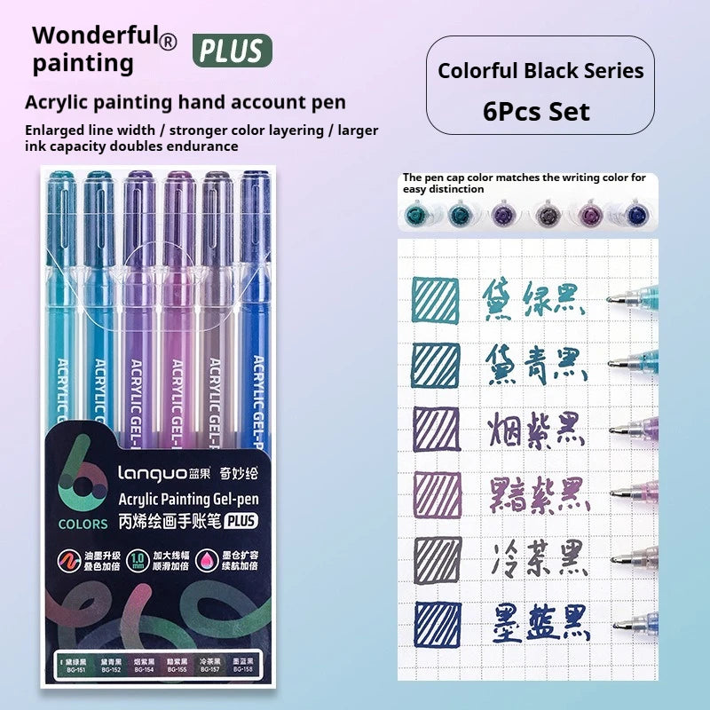 A set of six colorful black acrylic painting gel pens packaged in a box with various color options.