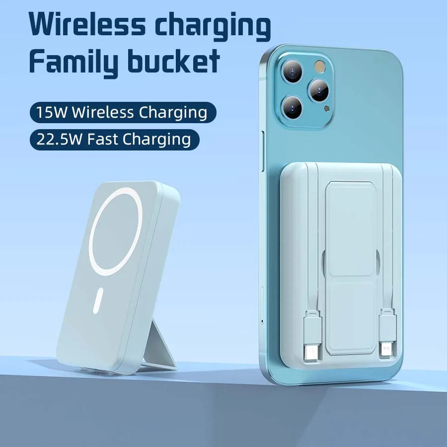 A light blue wireless charging family bucket featuring a phone and a magnetic power bank.